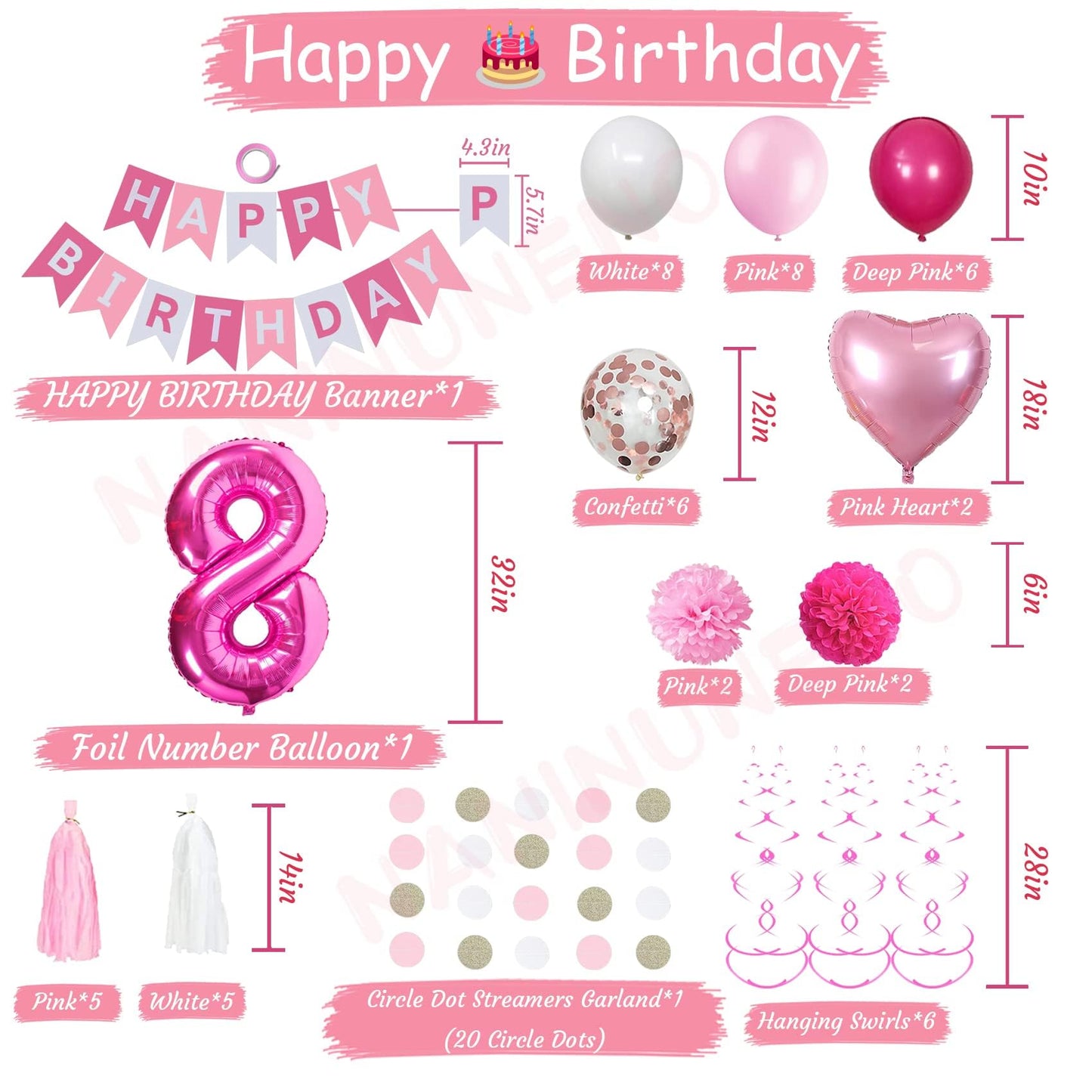 Sweet 8Th Birthday Decorations For Girls, Pink And White 8 Happy Birthday Balloons,8Th Birthday Party Supplies For Daughter Her