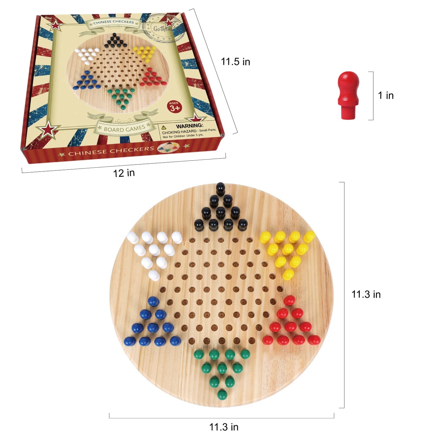 GOTHINK Chinese Checkers Board Game - Classic Wooden Set, 11.5" with 66 Pegs in 6 Colors, Fun for All Ages
