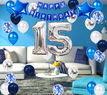 15Th Birthday Party Decoration For Boys, Happy Birthday Banner Blue Number 15 Birthday Balloons 15Th Birthday Latex Confetti Bal