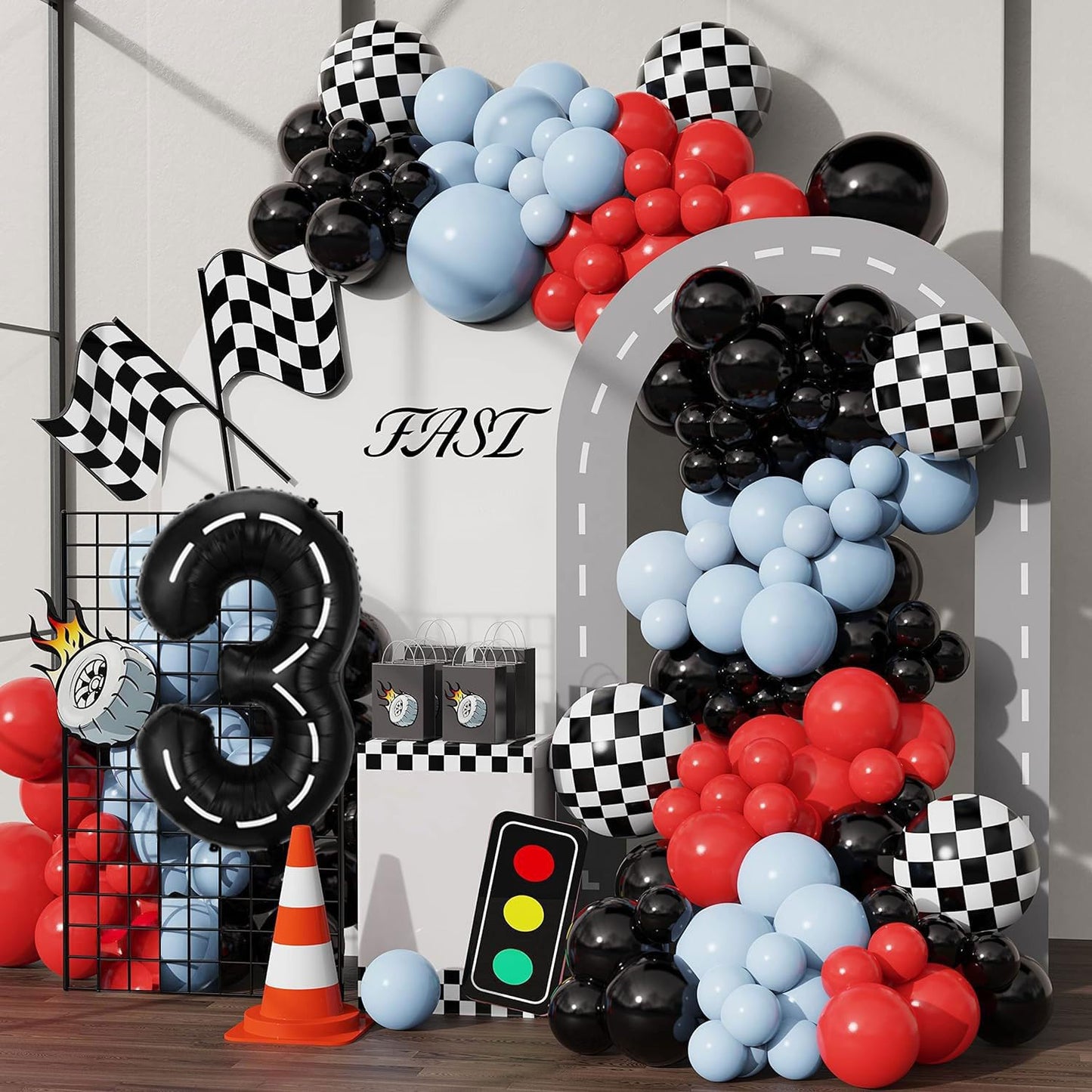 Race Car Birthday Balloons Decorations, 40 Inch Racetrack Black Number 3 Balloon, Eostankr Large Mylar Black 3 Balloon For 3St B
