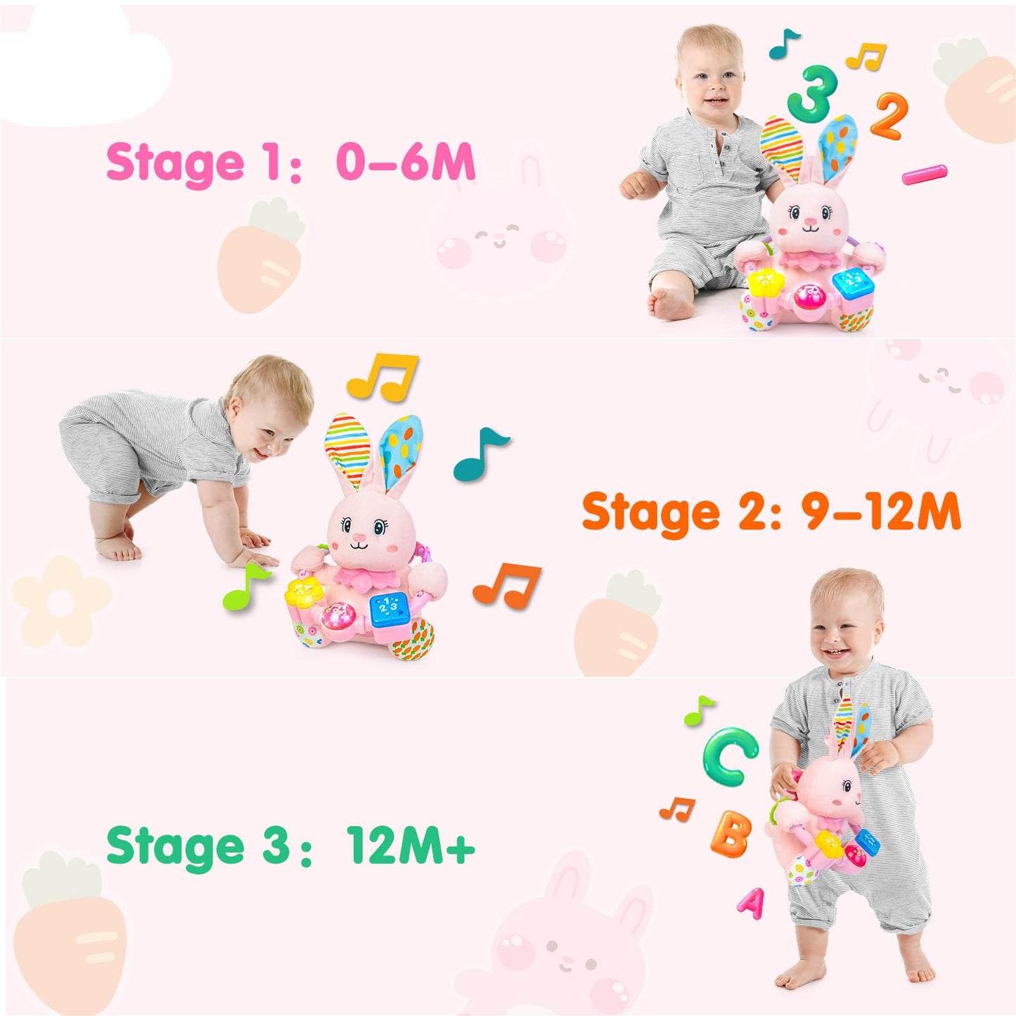 Ryotagift Baby Bilingual Musical Rabbit Stuffed Animals Toys,Infant Early Learning Toys With Light-Up Music & Crinkle,Tummy Time