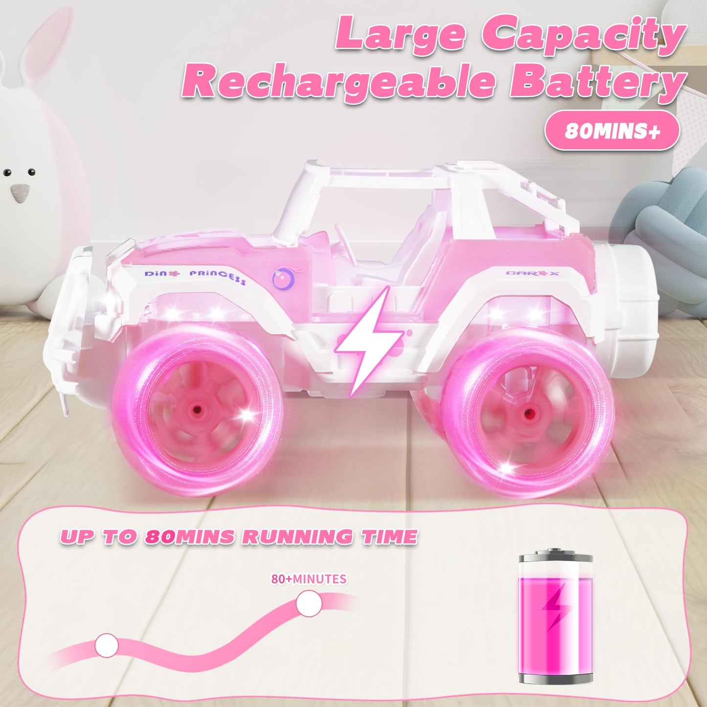 Pink RC Cars for Girls, 1:16 Scale Cute Remote Control Car with 9 LED Colorful Light & Multiple Music Mode, 80 Mins Play 2.4GHz