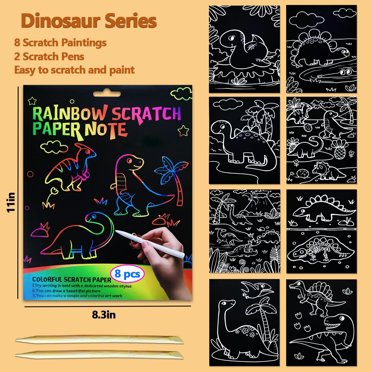 JUNQIU Scratch Art for Kids, Rainbow Scratch Paper Art Set - Dinosaurs, Arts and Crafts for Kids Ages 4-8 Girls Boys, Kids Activ
