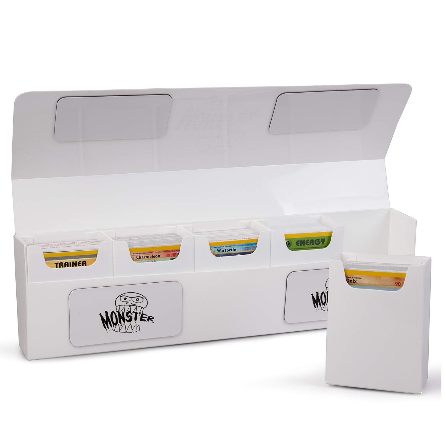 Monster Protectors Magnetic Five Deck Box - White, Holds 375 Gaming Tcgs, Self-Locking Closure, Compatible W Standard & Smaller Size Gaming Trading Cards, Removable Construction