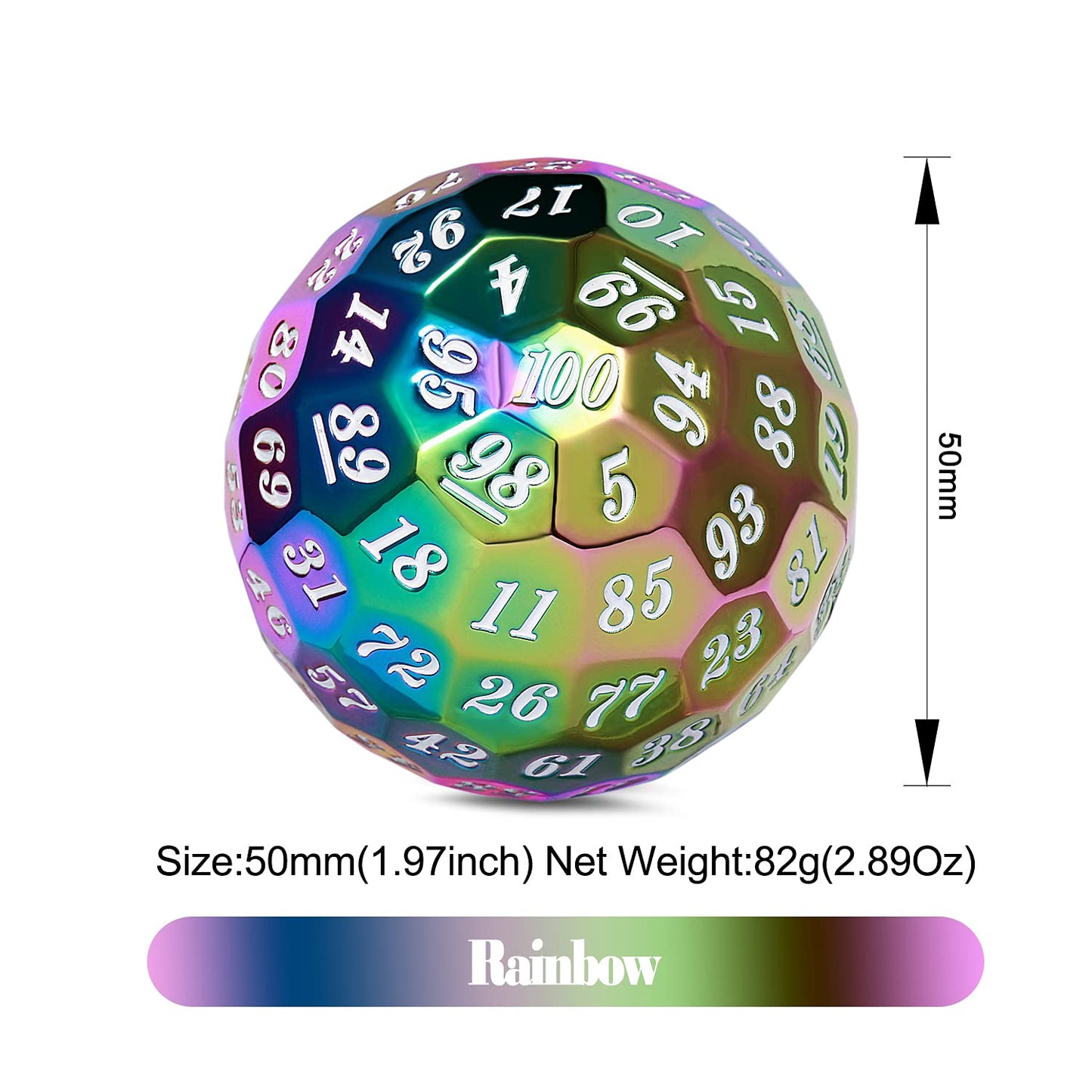 DNDND Rainbow D100 Metal Dice 50mm Single 100 Sided Polyhedral Dice with Metal Case and Velvet Pouch for Table Game(Rainbow with