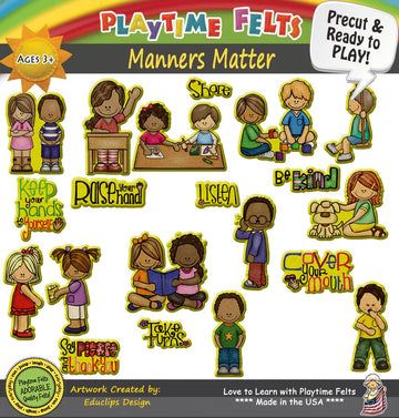 Manners Matter | 18 PRECUT & READY TO PLAY Felt Figures for Flannel Board Teaching for Toddlers, Preschoolers and Kindergarten -