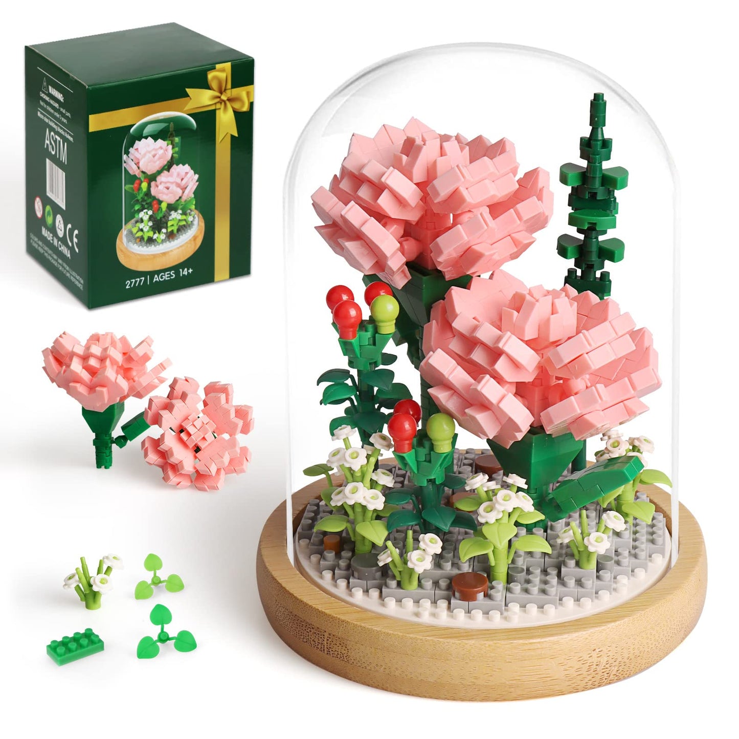 Flower Bouquets Building Sets, Pink Rose Bonsai Tree Botanical Collection With Display Case, Mini Gift Kits For Adults Teens 12+ Girls Women (675Pcs Micro Blocks)