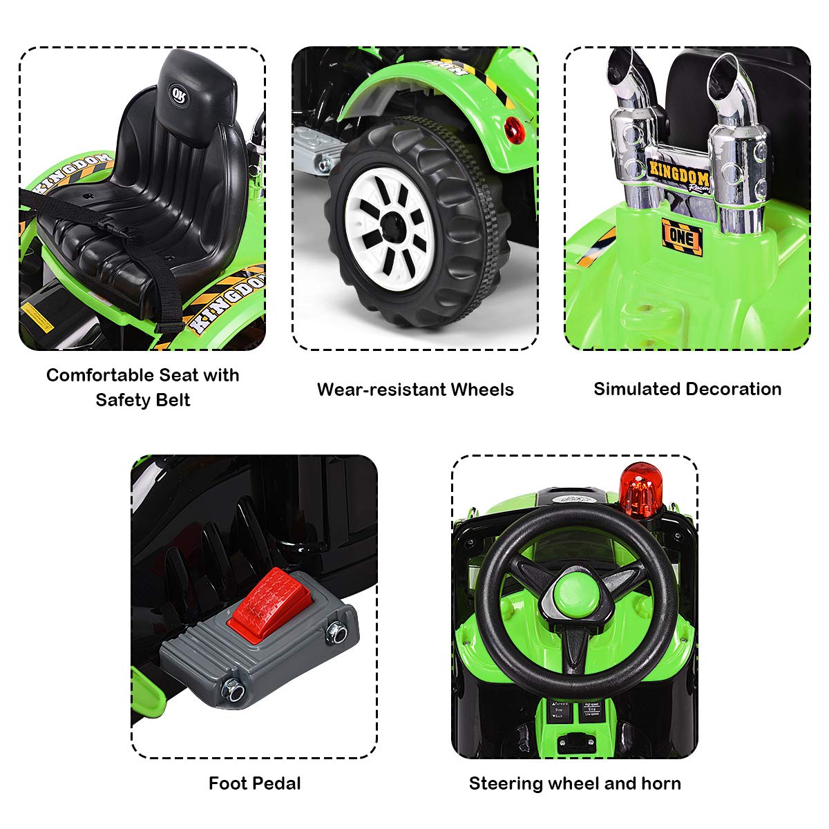 Costzon Ride On Excavator, 12V Battery Powered Construction Vehicles For Kids, Front Loader With Horn, 2 Speeds, Forward/Backward, Safety Belt,Treaded Wheels, Digger, Ride On Car (Green)