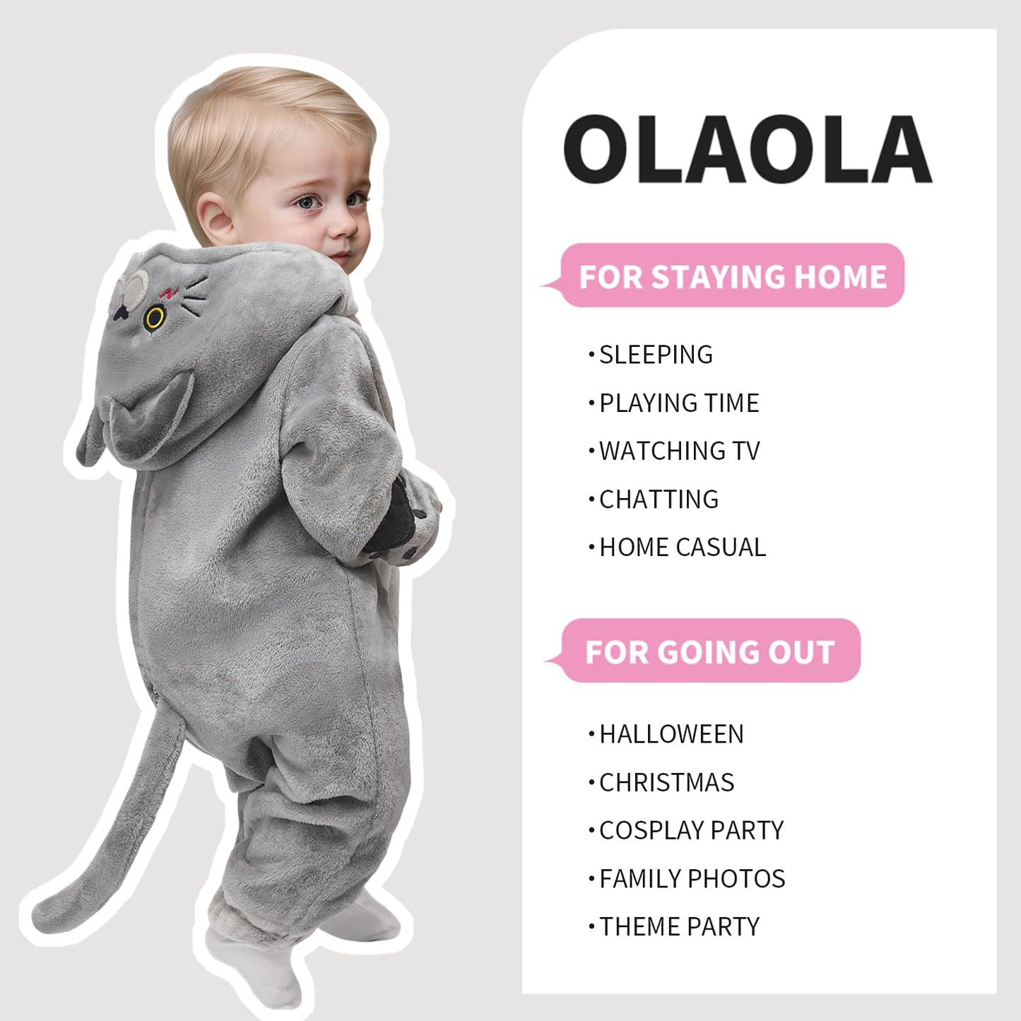 OLAOLA Baby Animal Costume Onesie, Unisex Toddler British Shorthair Cat Romper, Plush Cosplay Dress Up Infant Outfits Halloween