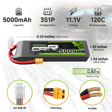 OVONIC 3S LiPo Battery 11.1V 5000mAh 120C with XT60 and TRA Plug Perfect Match RC Car RC Truck Airplane Helicopter Boat Car Raci