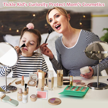 Smartwo Wooden Makeup Toy Set for Toddler Pretend Play 22 PCS Wood Beauty Salon Toys Cute Wooden Makeup Kit with Realistic Acces
