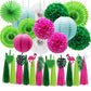 Adlkgg Tropical Flamingo Palm Leaf Banner Party Decorations, Hanging Paper Fans Paper Lanterns Pom Poms Flowers Tissue Tassels F