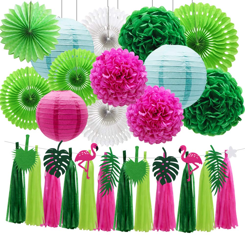 Adlkgg Tropical Flamingo Palm Leaf Banner Party Decorations, Hanging Paper Fans Paper Lanterns Pom Poms Flowers Tissue Tassels F