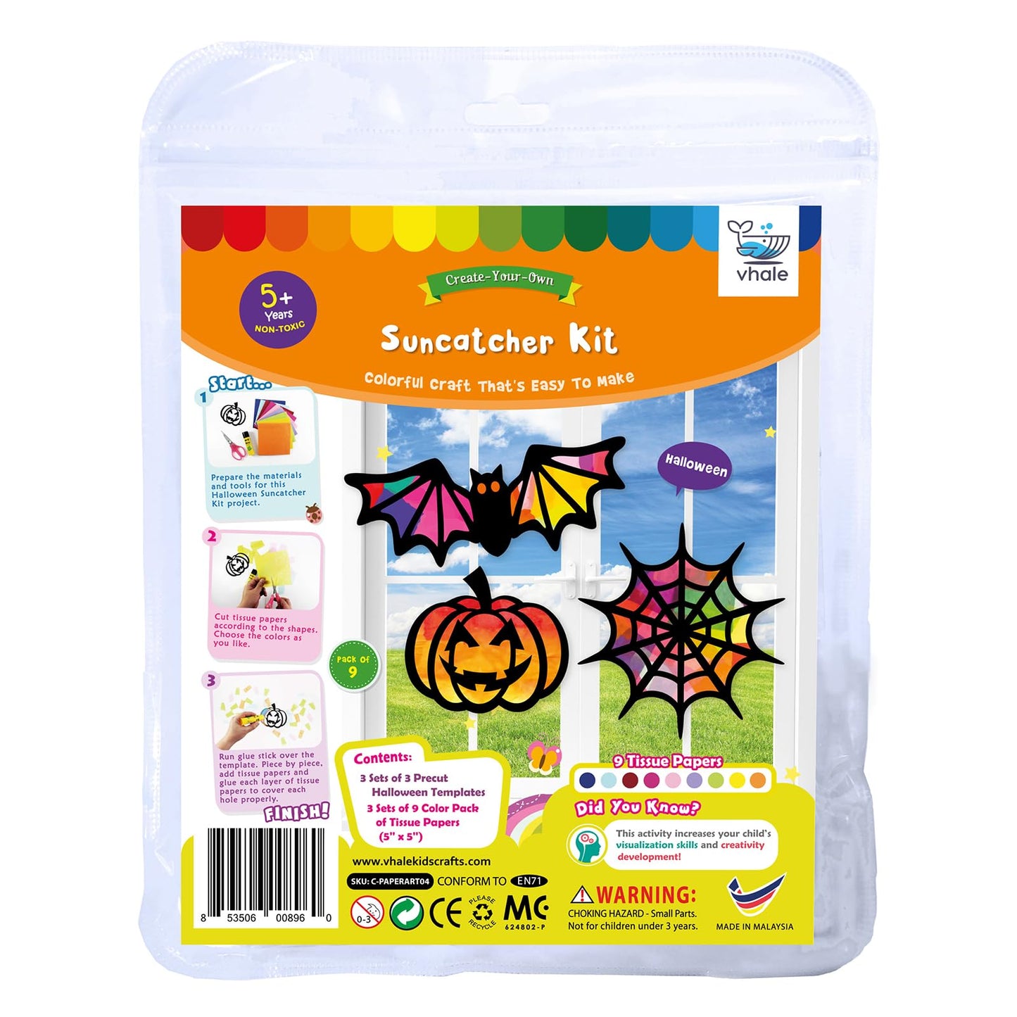 VHALE Suncatchers Craft Kit - 3 Sets (9 Cutouts), Medium Black Paper, Stained Glass Effect for Kids Arts & Crafts, Halloween Party Favors