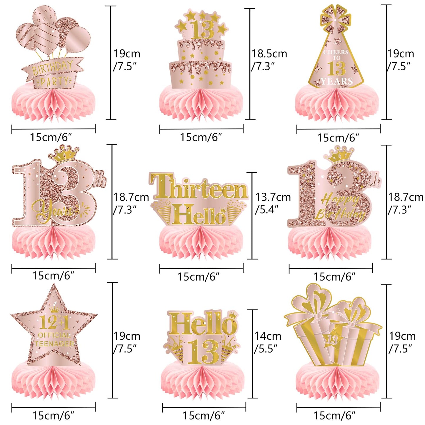 9Pcs 13Th Birthday Decorations Pink Rose Gold Honeycomb Centerpieces For Girls,Happy 13Th Birthday Table Centerpieces Party Supp
