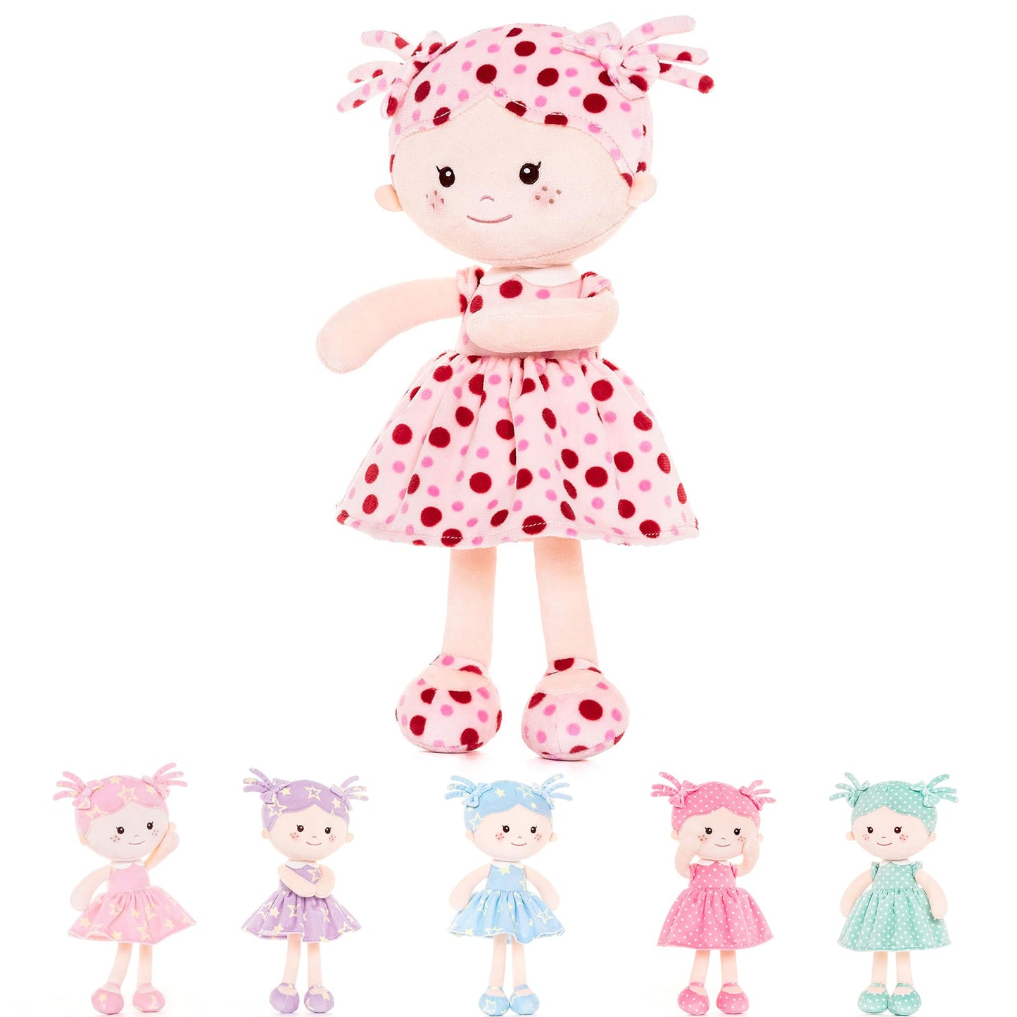 Onetoo First Baby Doll Soft Baby Doll For Girls Plush Rag Doll Sleeping Cuddle Buddy Doll Wear Pink Dress Red Polka Dot 14'