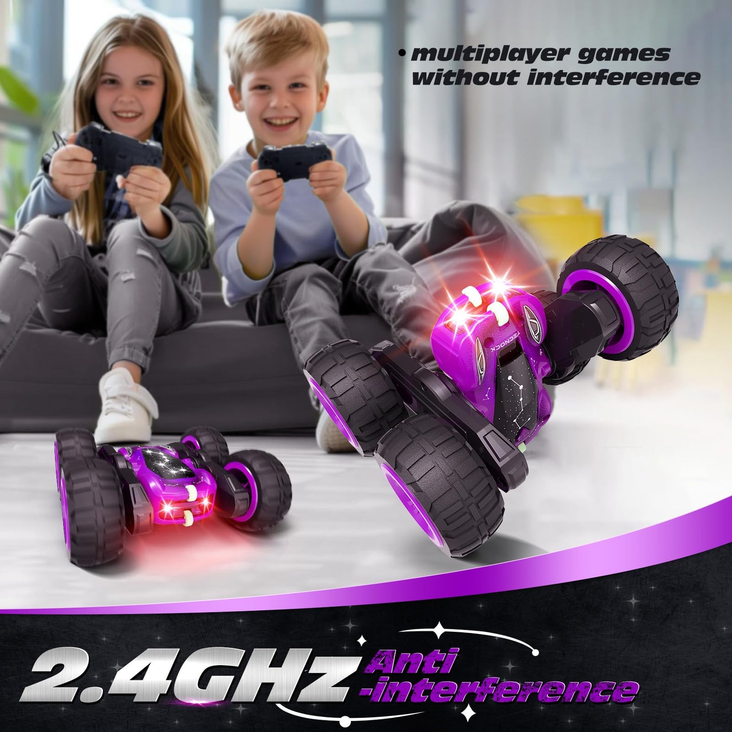 Tecnock Remote Control Car for Kids, 2.4GHz RC Car with Type-C Easy Charging, 4WD Double Sided 360 Rotates and Flips RC Stunt Ca