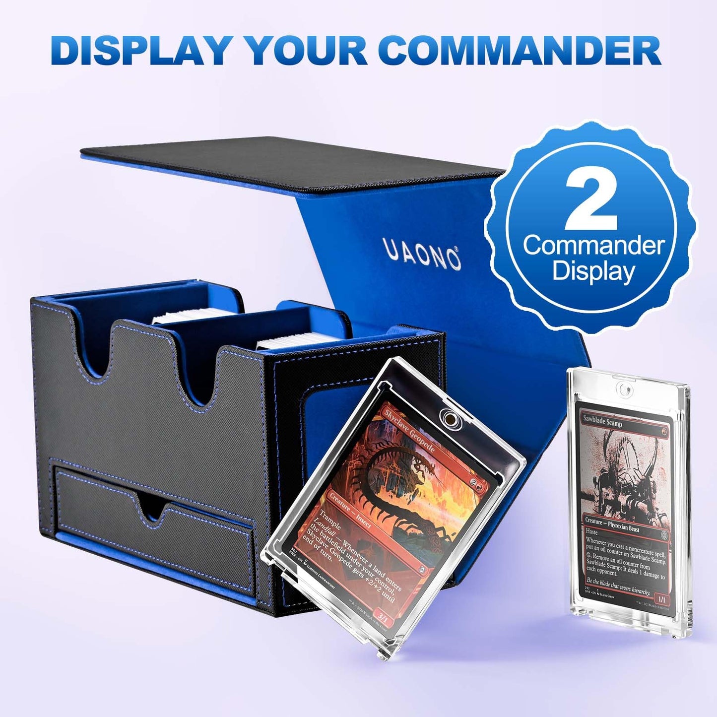 UAONO MTG Card Deck Box - Double Card Storage, Fits 200+ Sleeved Cards, Faux Leather, Black & Blue with Dice Tray