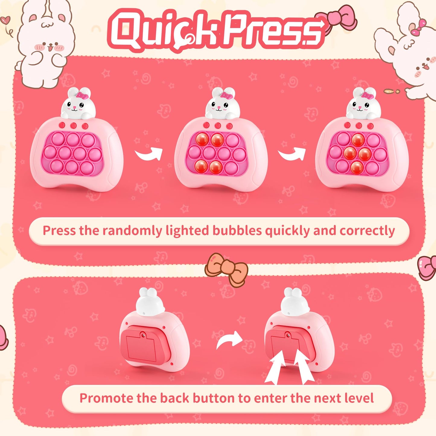 Rabbit Pop Push Game Fidget Toy for Kids Ages 3-12,Handheld Fast Push Game Bunny Console Fidget Toys for Girls Boys,Light Up Sen