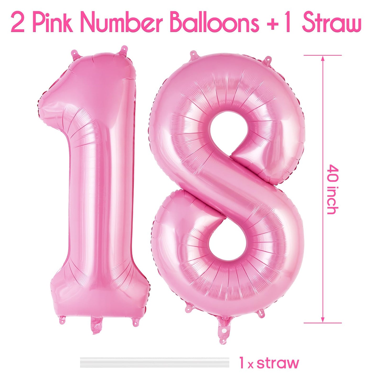 Pink Number 18 Balloon, 40 Inch Big Large Foil Helium Number Balloons, Giant Mylar Number 18 Balloons For 18 Years Old Birthday