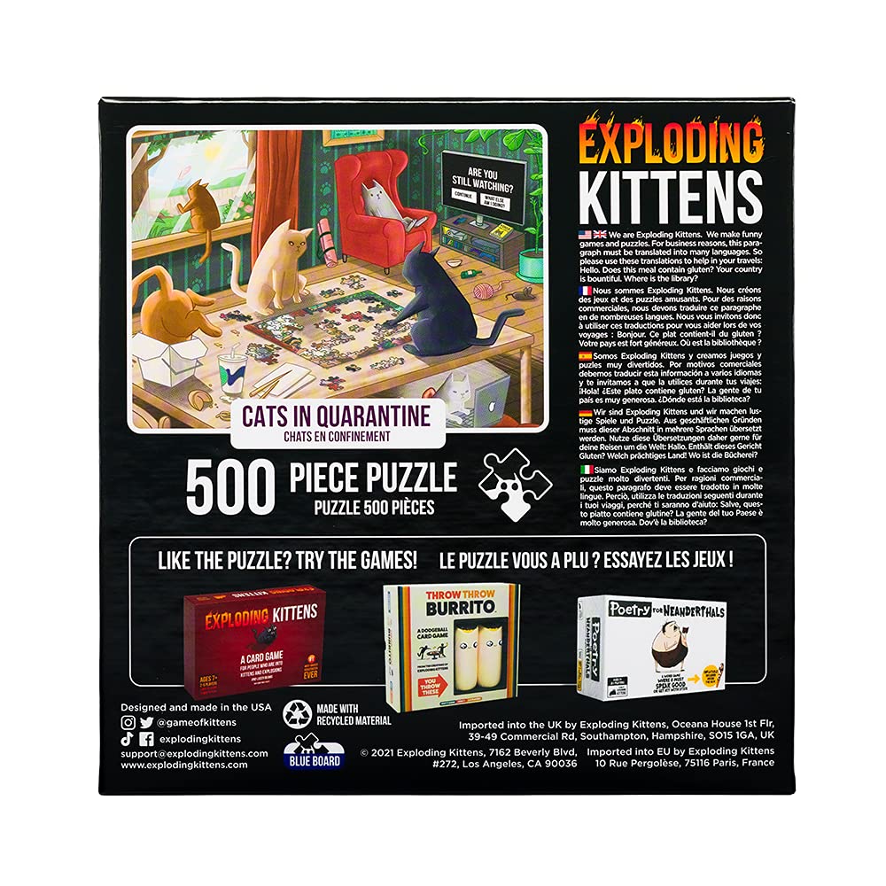 Cats In Quarantine Jigsaw Puzzle By Exploding Kittens - 500 Pieces, Ideal For Adults, Teens, And Kids - A Funny And Artistic Cat-Themed Puzzle