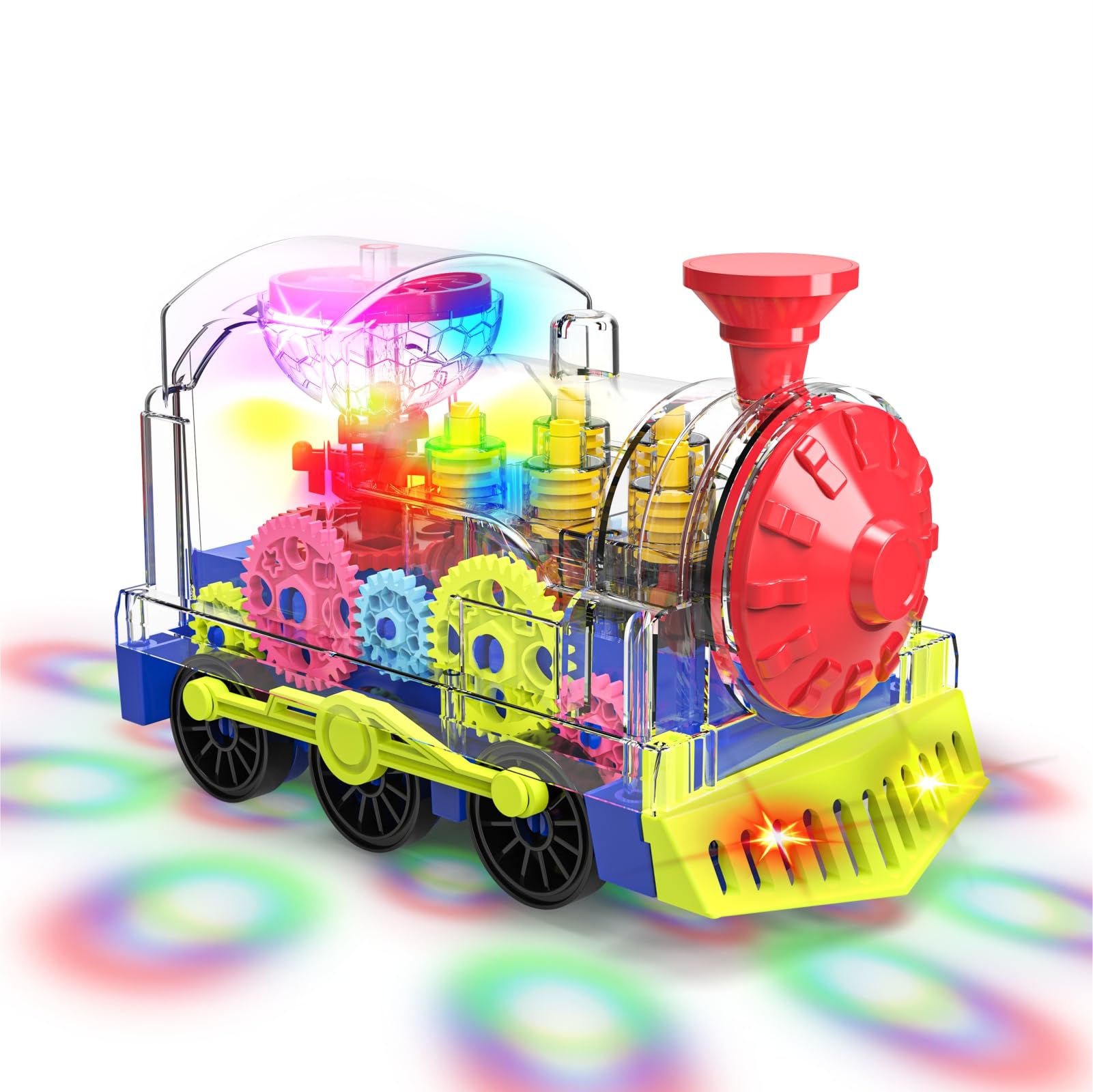Gofimyee Light Up Train Toy for Toddlers: Transparent Gear Car Toy for Kids with Cool Light and Music Educational Crawling Toys 