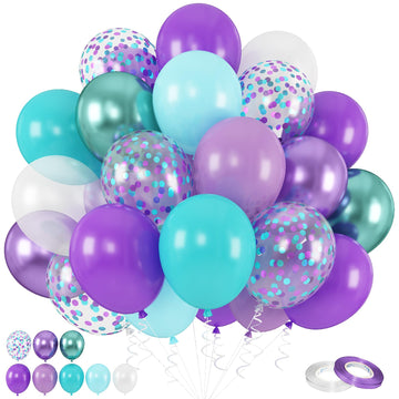 Mermaid Balloons, 60Pcs 12 Inch Purple Teal And White Balloon Set With Metallic Purple Green Balloons Teal Purple Confetti Balloons, Purple Teal Pearl White Balloons For Birthday Wedding Mermaid Party