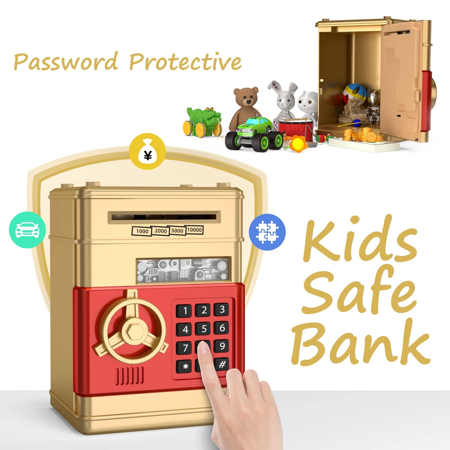 Atm Piggy Bank For Boys Girls, Electronic Money Bank With Password, Auto Scroll Paper Money Saving Box,Kids Safe Money Jar, Great Gift Toy Bank For Kids (Gold Red)