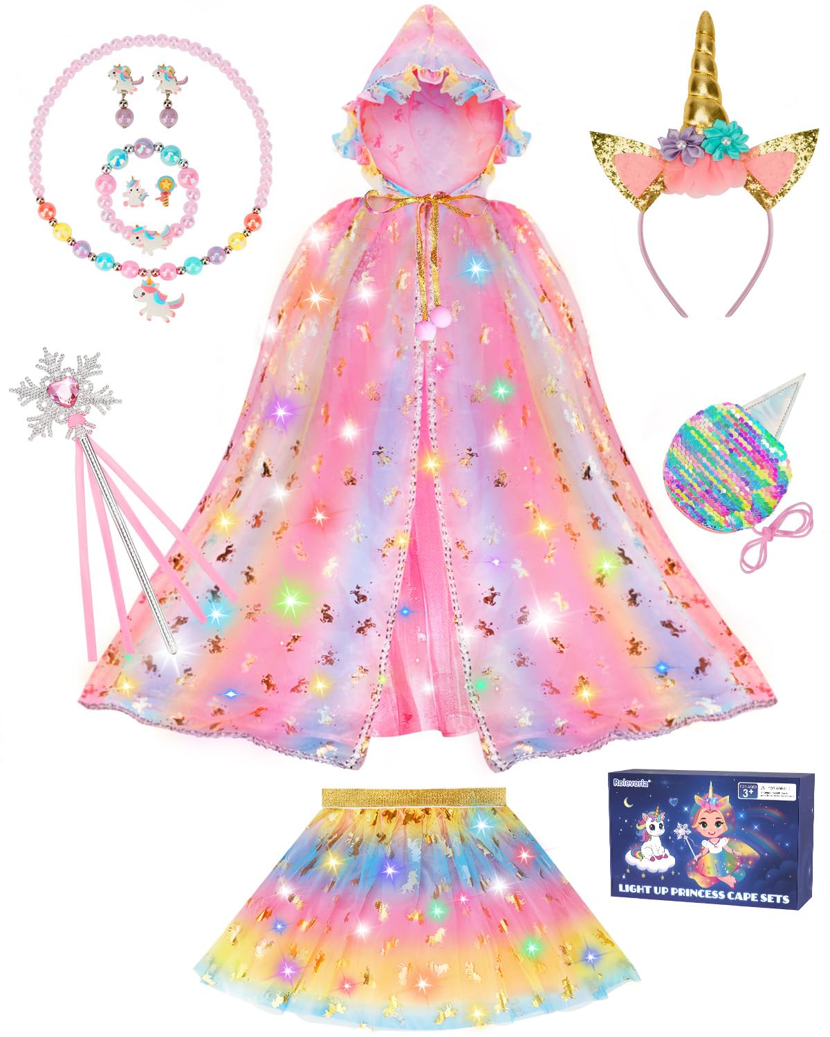 Rolevoria Princess Dress Up for Girls  10 Pcs Light Up Unicorn Princess Costume Cape Set  Christmas Birthday Gifts Toys for Girls 3 4 5 6 Years Old