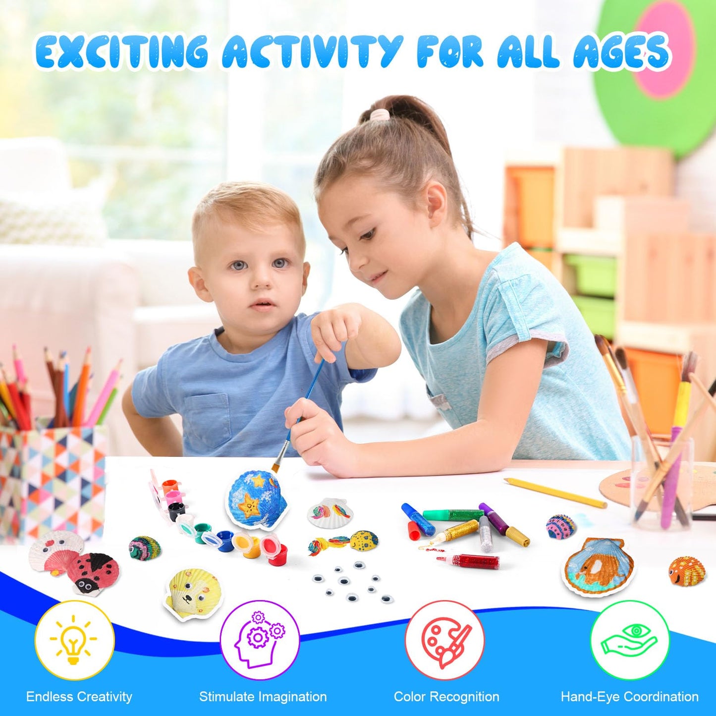 Kids Sea Shell Painting Kit, Arts & Crafts Gifts for Boys Girls, DIY Creative Activity Art Toys with Refrigerator Magnets, Kids