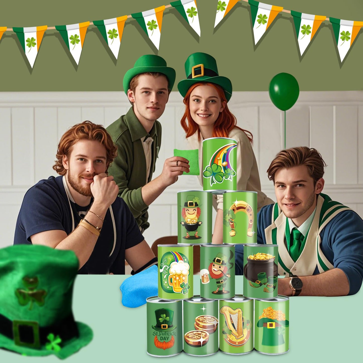 Easter Bean Bag Toss Game Carnival Party Toss Game St. Patrick's Day tossing Knockdown Can Game with 10 Cans 2 Sandbags for Easter St. Patrick's Day Party Family Game Kids mature-themeds