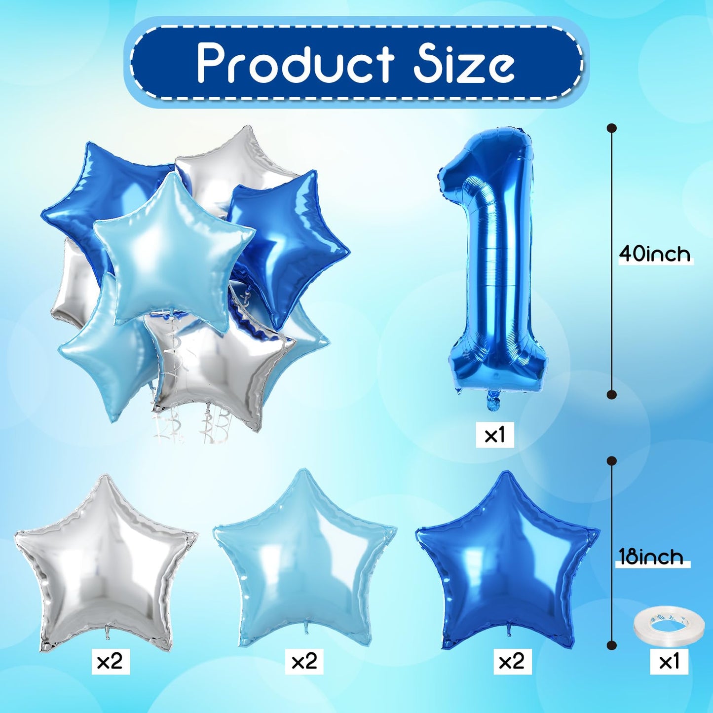 Dark Blue Number 1 Balloons, Big Royal Light Blue Silver Star One Balloon, 40 Inch Foil Mylar Pastel Teal Metallic Sky Blue Self