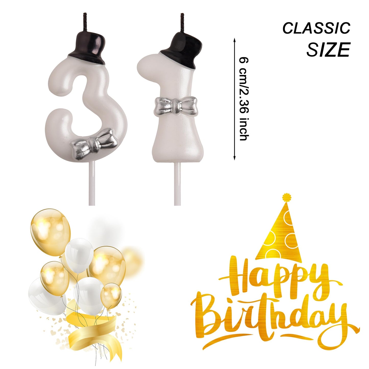 AOOLADA 31st Birthday Candles, White 31 Year Old Number Birthday Candles, Happy Birthday Party Decorations Cake Topper Gifts for