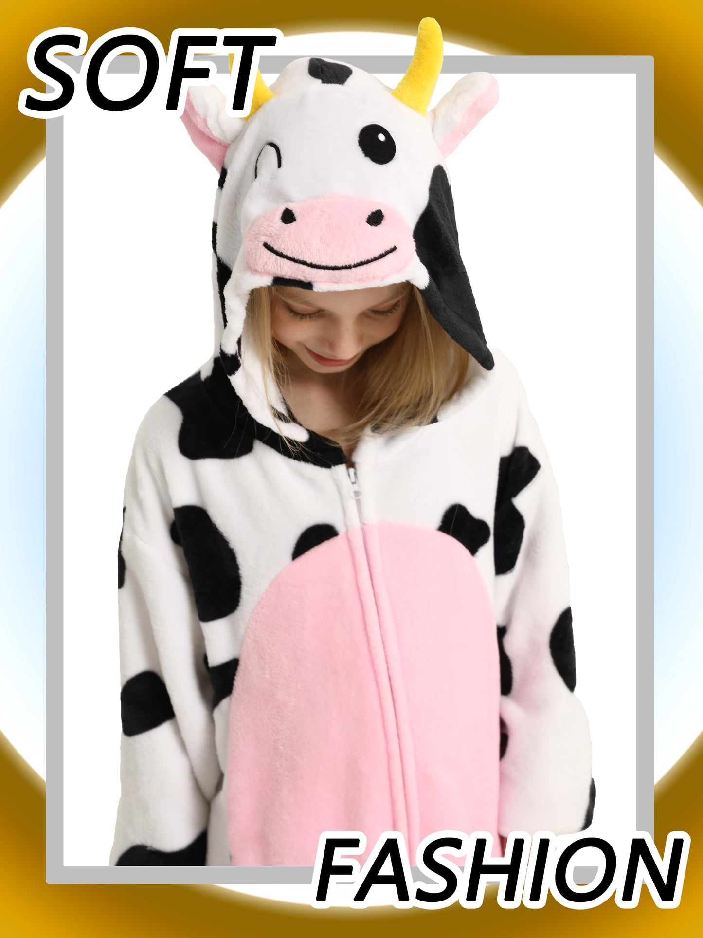 LONULAIN Unisex Kids Animal Oneise Pajamas, Boys Girls Flannel Hooded Halloween Cosplay Costume/Homewear/Sleepwear (Cow,3-4 Year