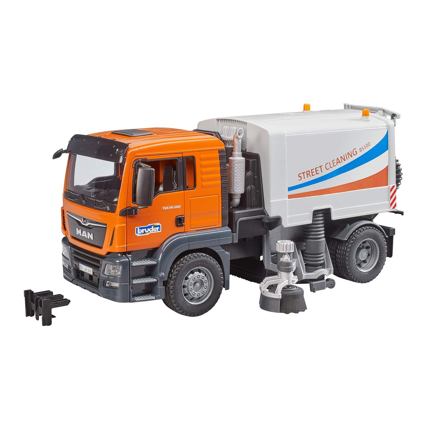 Bruder Toys - Commercial Realistic MAN TGS Street Sweeper Truck with Open-able Doors, Adjustable Brushes, and Flexible Hose - Ag