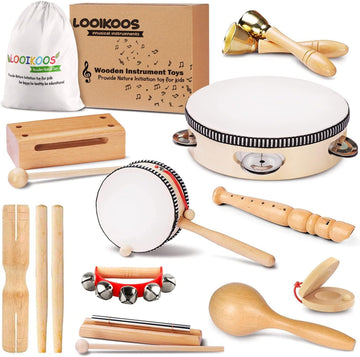 LOOIKOOS Toddler Musical Instruments Set - Eco-Friendly Wooden Percussion Toys, 12" Brown, Includes Storage Bag for Preschool Kids
