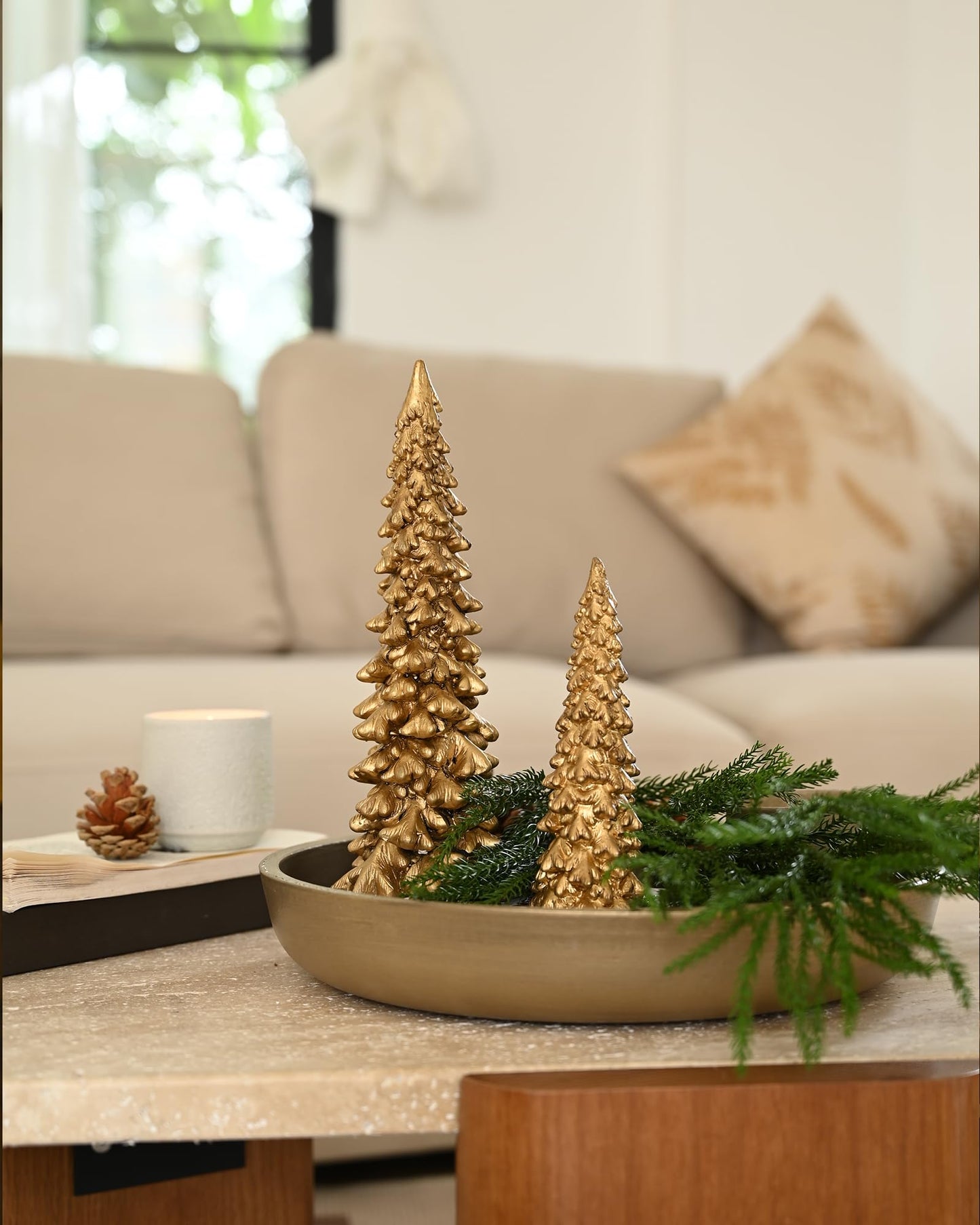 Rm Roomers Resin Christmas Tree Figurines Clearance,2Pcs Small Gold Christmas Decorative Figurine Set, Indoor Tabletop Christmas