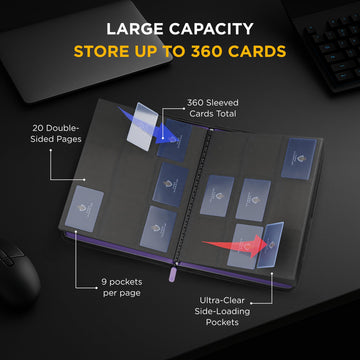 Card Guardian - 9 Pocket enhanced Black Binder with Zipper for 360 Cards - Side Loading Pockets for Trading Card Games TCG (Purple)