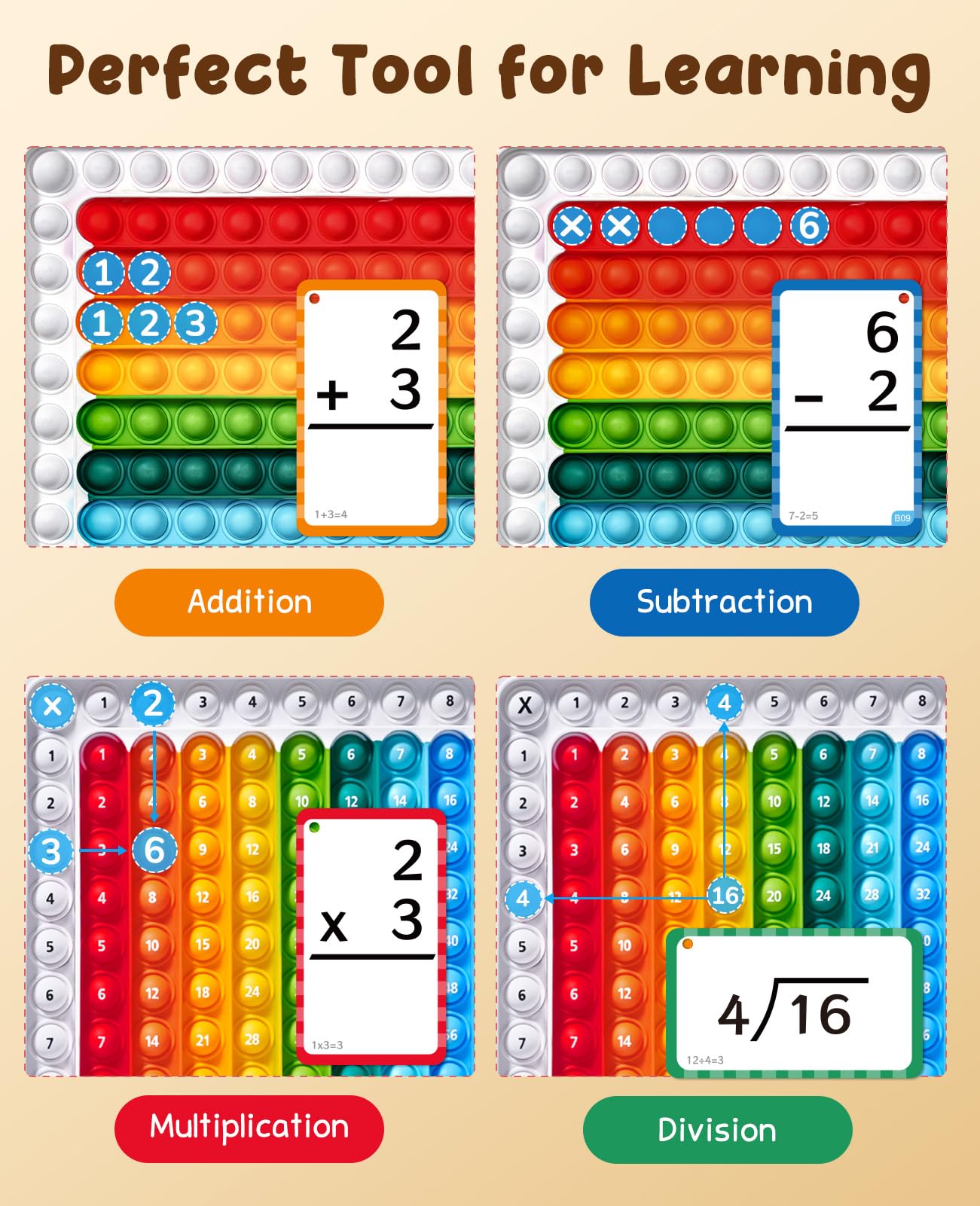 Joycat 288 Flash Cards For Kids Ages 4-8, Math Flash Cards & Pop Fidget Chart, Math Manipulatives Game For Addition Subtraction Division Multiplication For Kindergarten 1St 2Nd 3Rd 4Th 5Th 6Th Grade