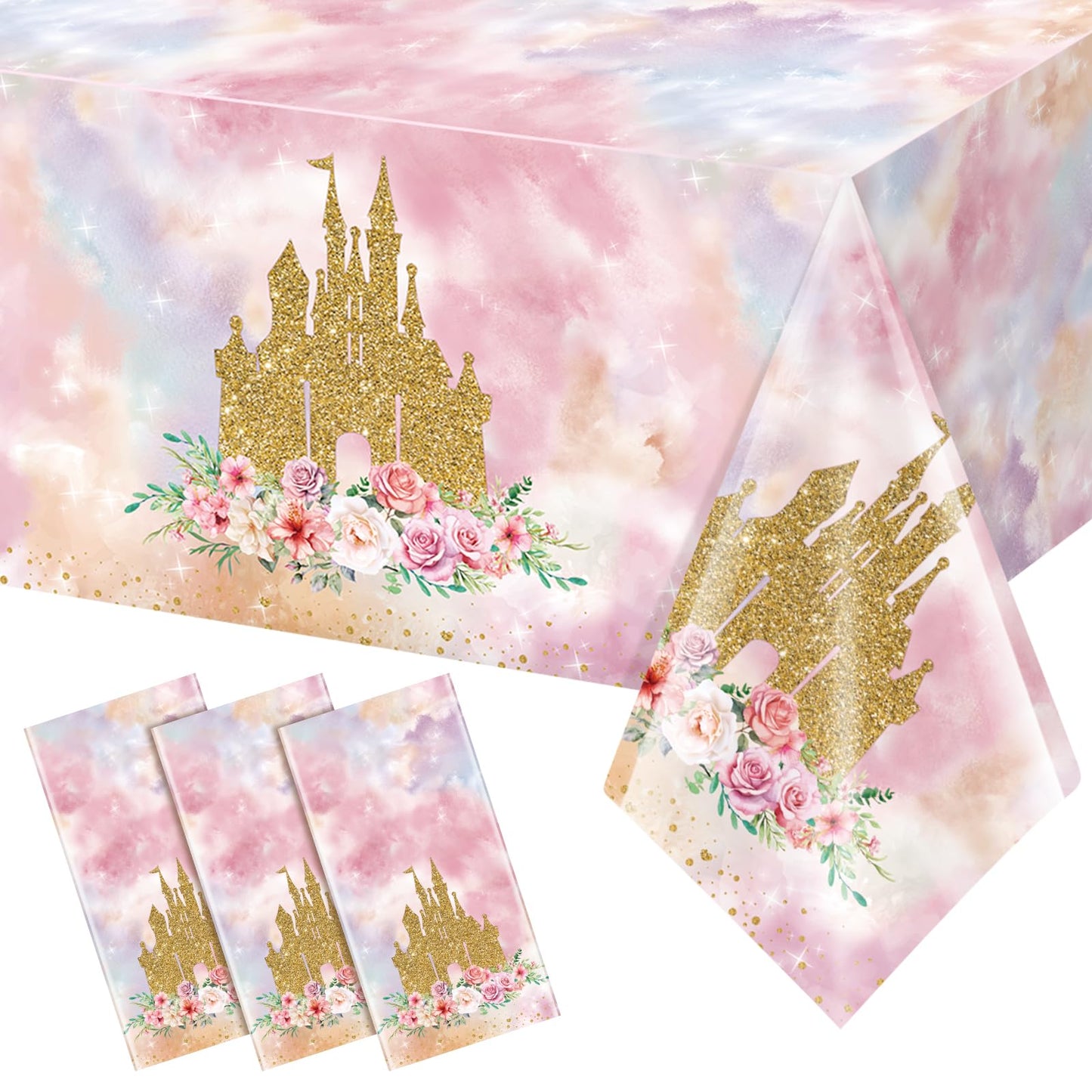 1 Pack Princess Tablecloths Birthday Decorations,Plastic Pink Rose Castle Table Cloth for Parties,Disposable Rectangle Floral Ta