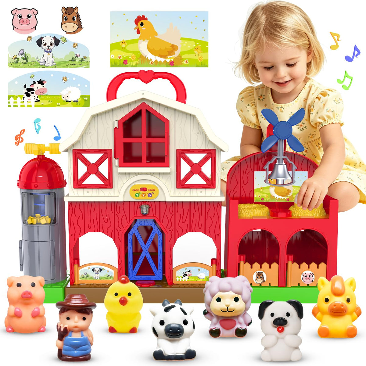 BOLZRA Musical Farm Animals Barn Toy with Finger Puppets for Toddlers 15