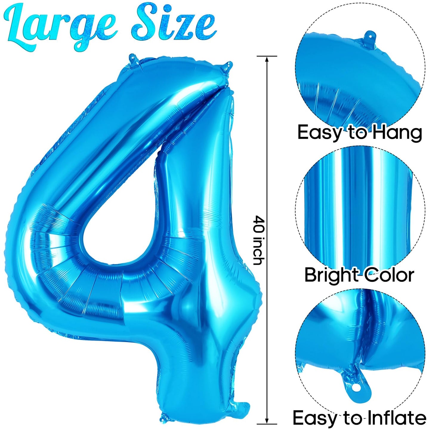 Blue Number 4 Balloon 40 Inch, Big Large Foil Helium Number Balloons, Jumbo Giant Mylar Number 4 Balloons For 4 Year Old Birthda