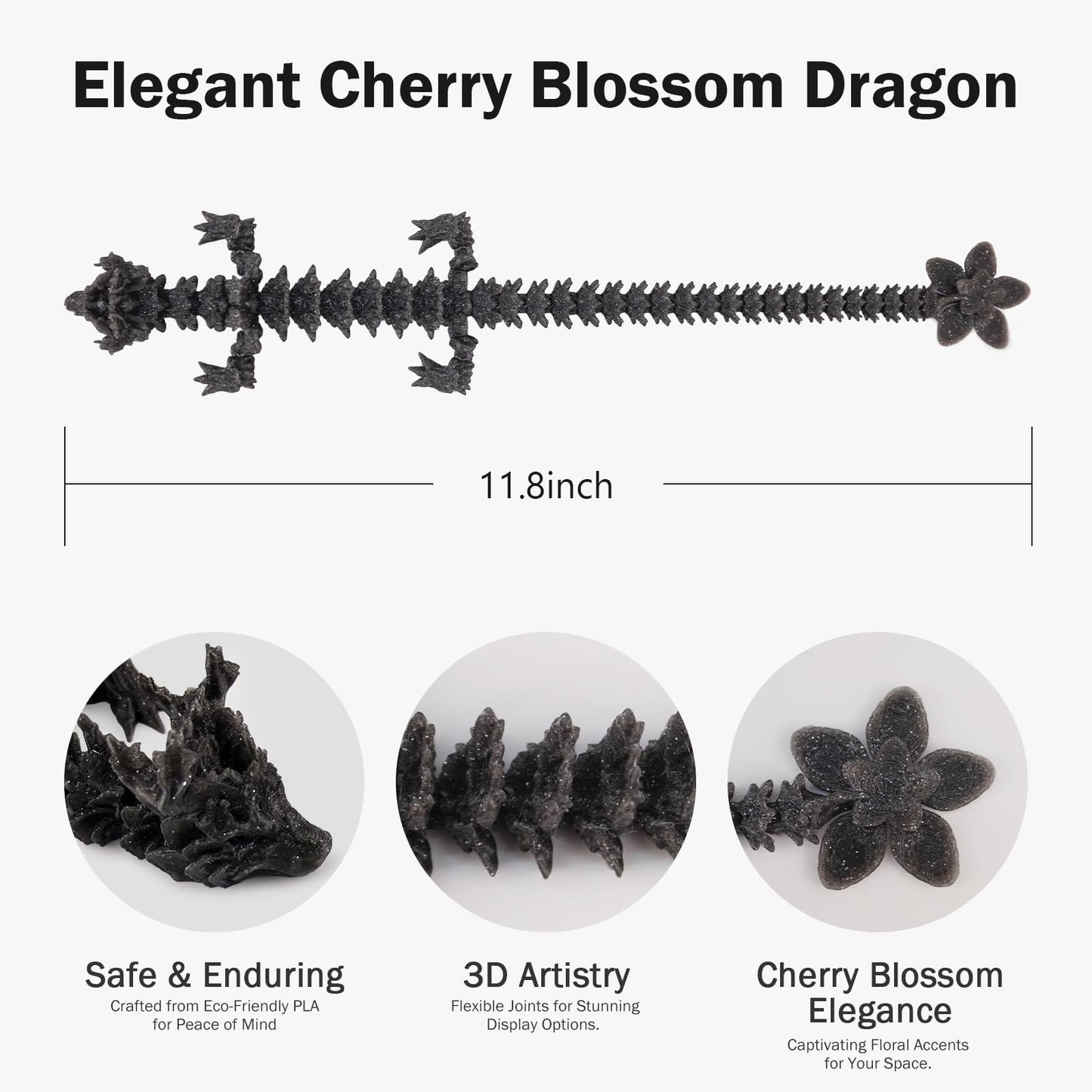Generic 3D Printed Articulated Dragon Model - 12" Midnight Blossom Fantasy Decoration