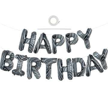 Toniful Black Marble Happy Birthday Balloons Banner,16 Inch Mylar Foil Letters Birthday Sign Bunting For Girls Boys Kids & Adult