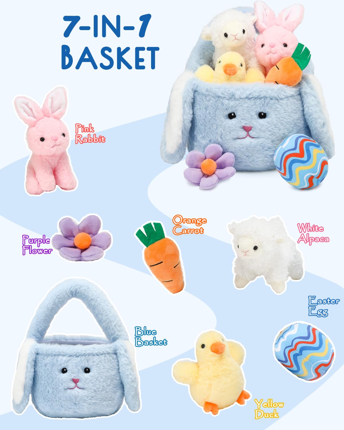 7 Piece Plush Stuffed Animals Playset Toys With Rabbit, Chick, Lamb, Carrot, Egg, Flower, Furry Bag, Soft Basket Set Toys For Gi