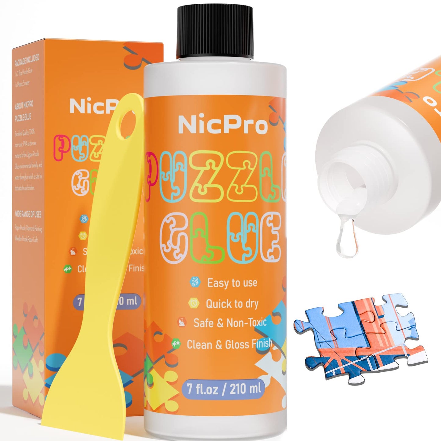 Nicpro Large Jigsaw Puzzle Glue 7oz, High Gloss, Quick Drying, Non-Toxic, for 1000-5000 Pieces, Clear, Model MG701