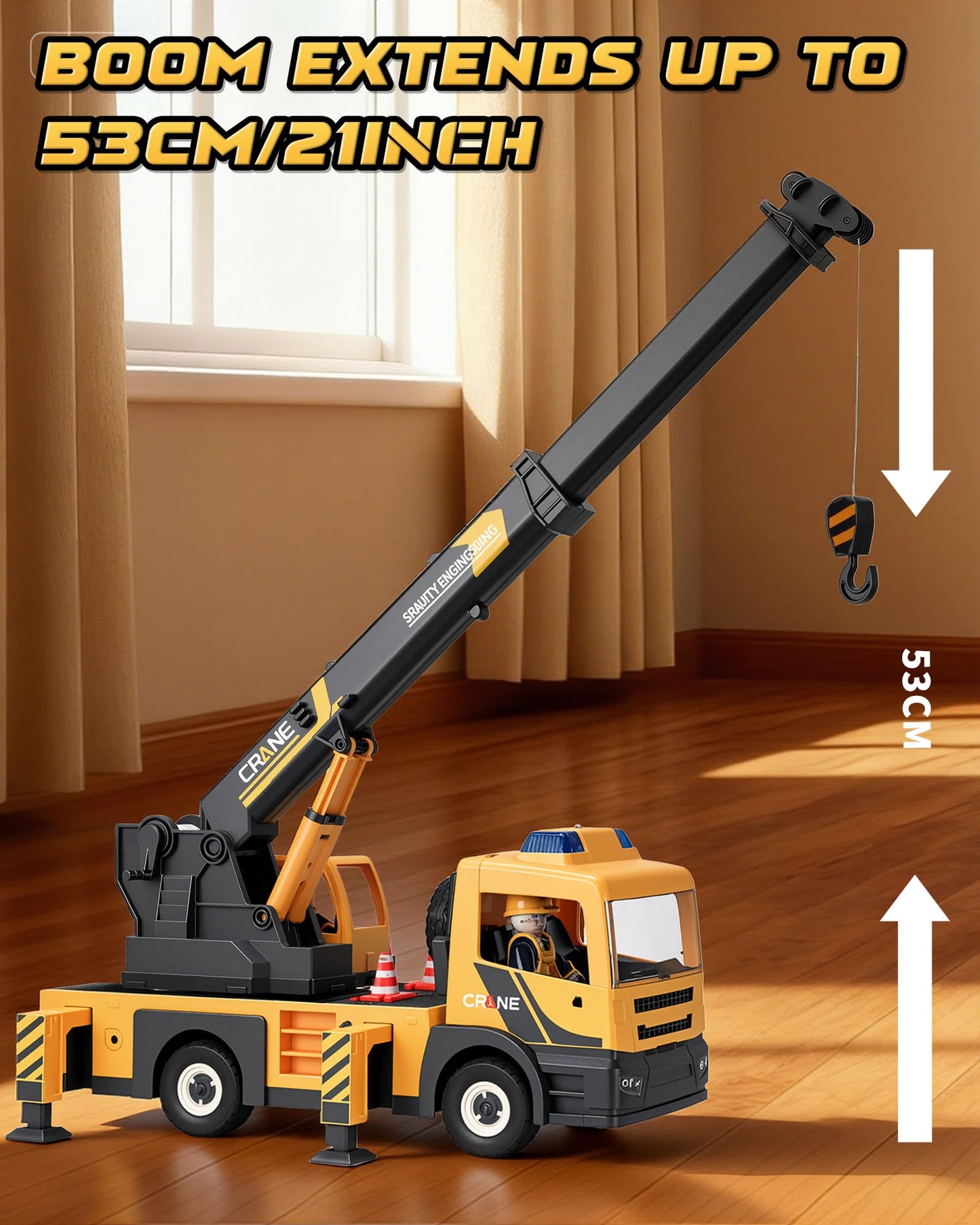 Coroiesty Large Crane Truck Toy - Extendable Arm, Lights & Sirens, Plastic, Yellow, Model QL888-20 for Kids 3-8 Years Old