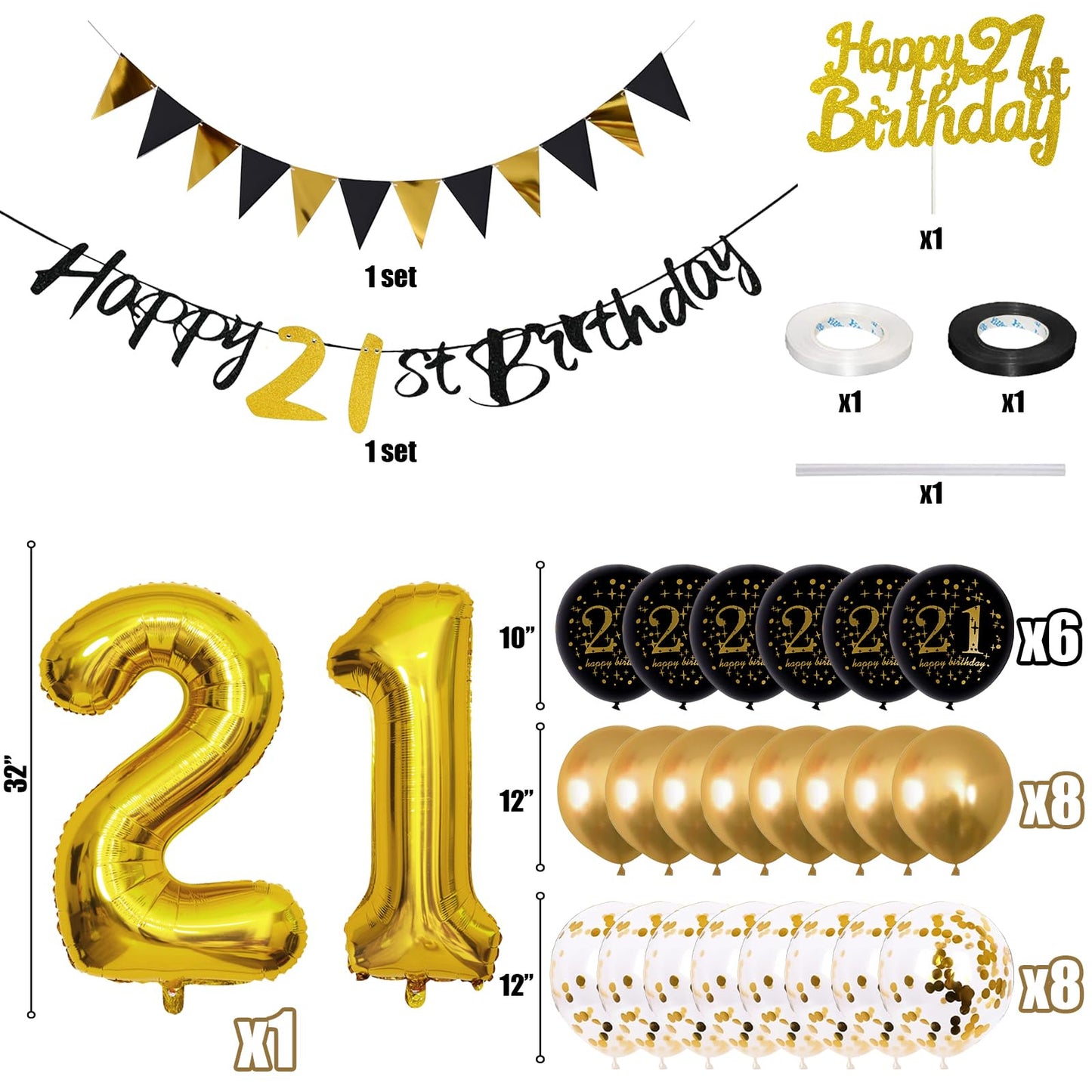 Jobkoo 21St Birthday Decorations Him Her, Black Gold 21 Birthday Party Decor Golden Black 21St Birthday Balloons 21 Cake Topper