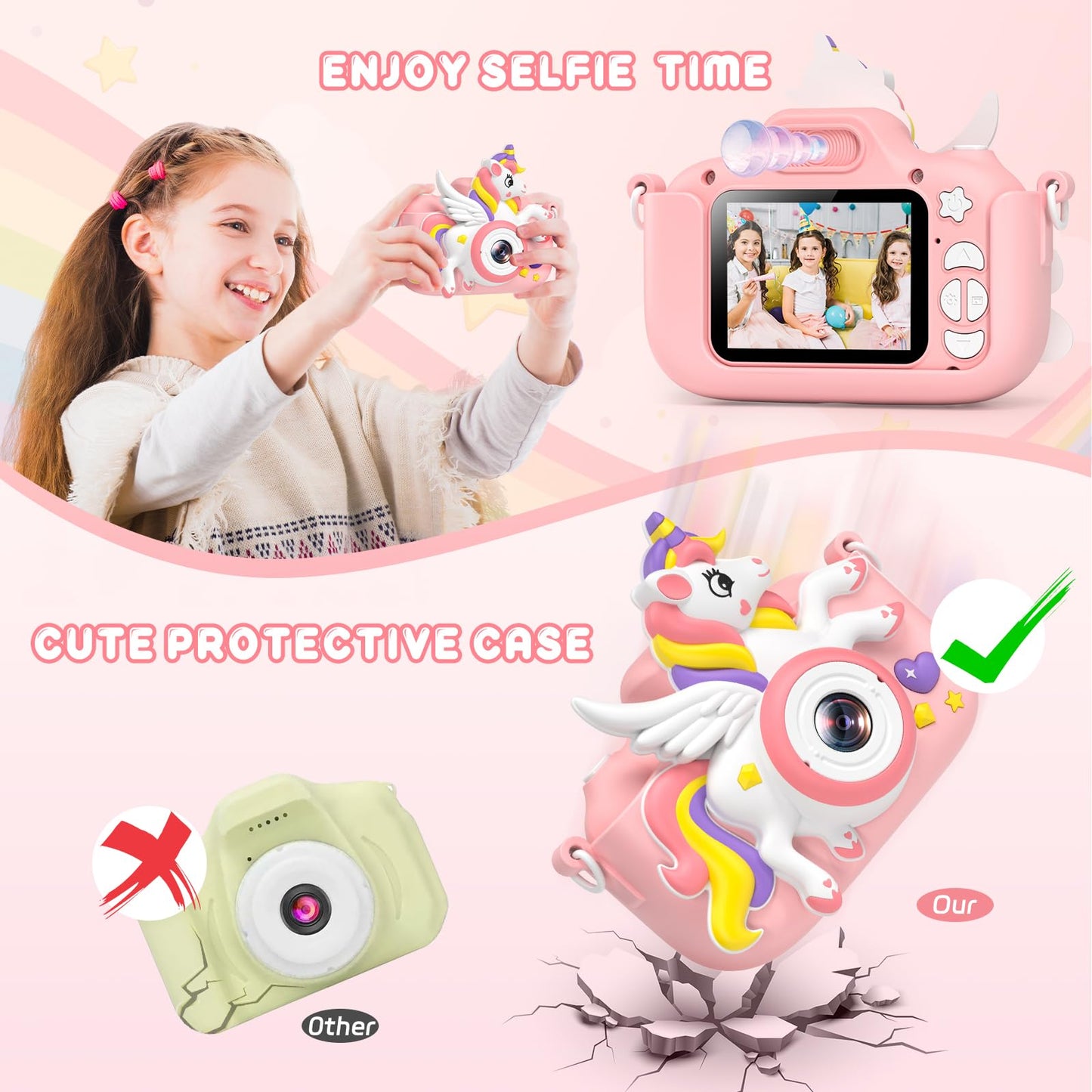 Kids Camera Toys Digital Camera For Girls Boys, Christmas Birthday Gifts For Kids Age 3-12, Selfie 1080P Hd Video Digital Camera For 3 4 5 6 7 8 9 10 Year Old Girls With 32Gb Tf Card