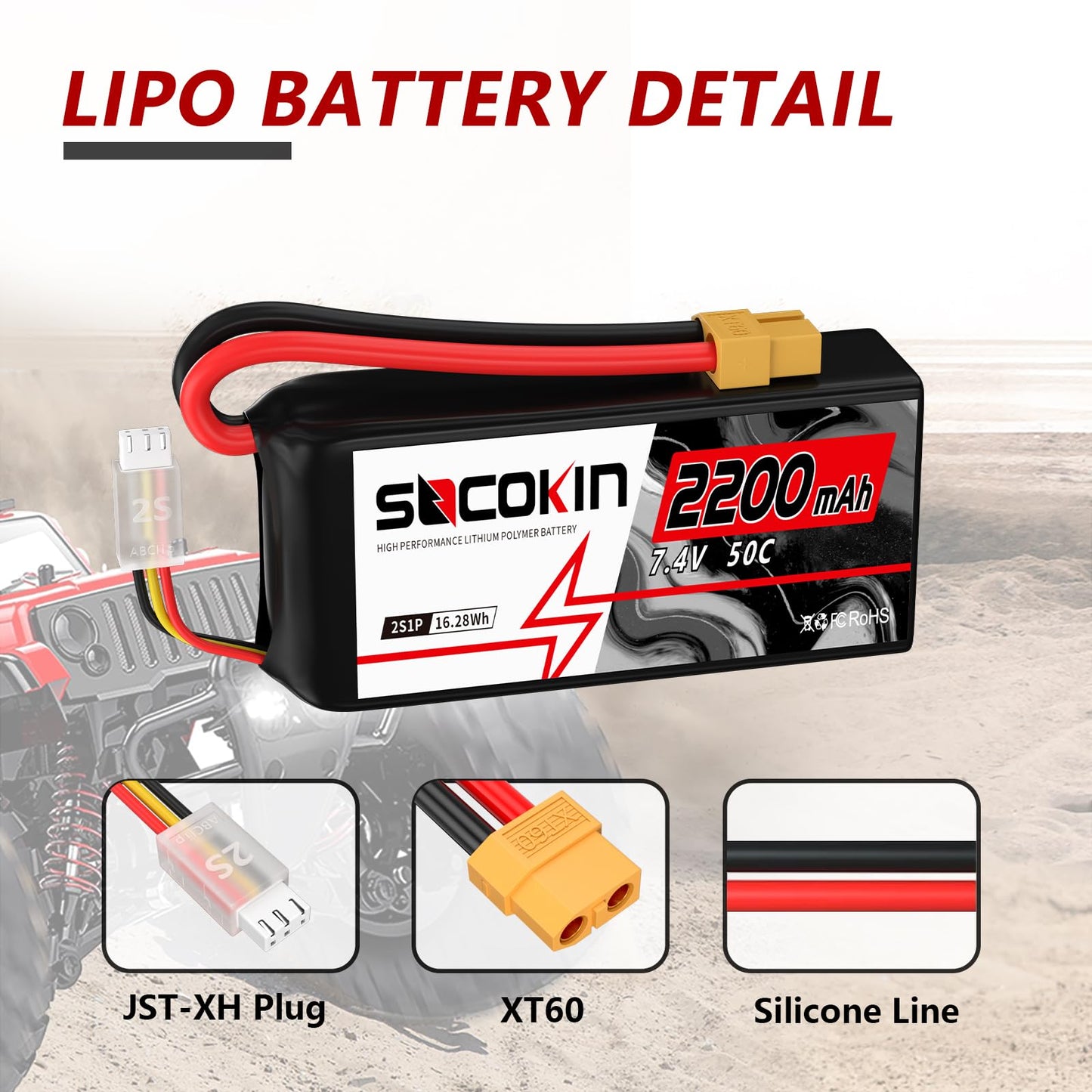 Socokin 2S Lipo Battery 7.4V 2200mAh 50C with XT60 Connector - Soft Case (2 Pack) for RC Cars, Trucks, Drones,
